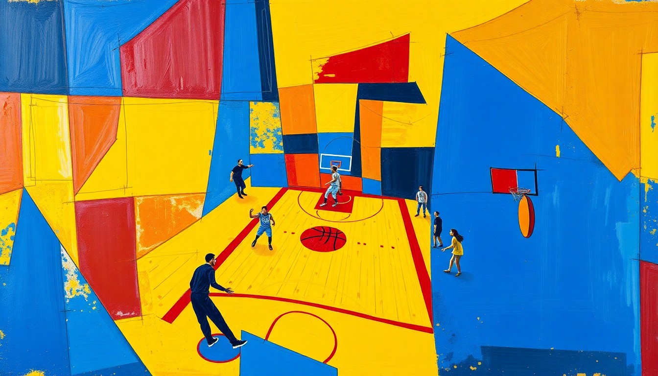 A cubist, geometric painting depicting a fragmented basketball game, with sharp planes of blue, yellow, and red overlapping to create a dynamic, abstract composition.