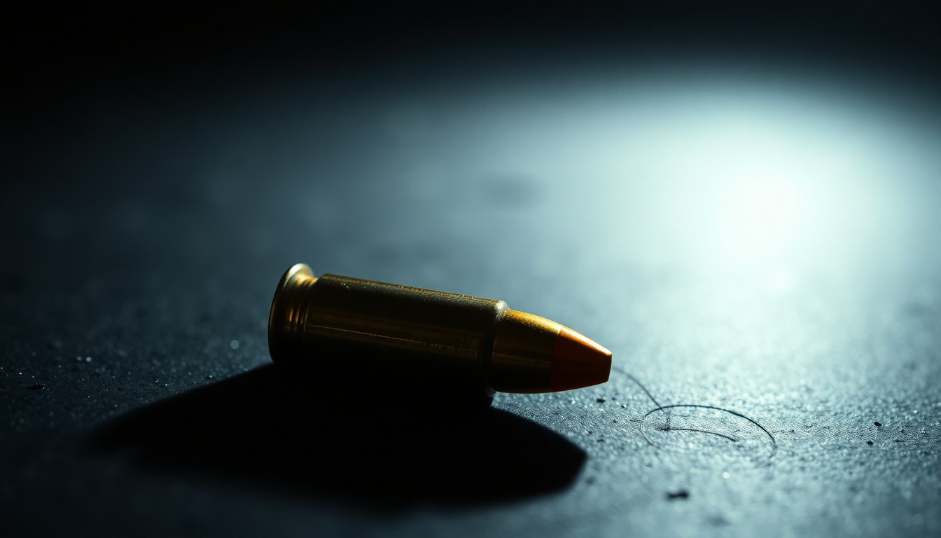 An extreme close-up of a shiny, metallic bullet casing against a dark background, dramatically lit by a harsh camera flash to create a stark, gritty aesthetic.