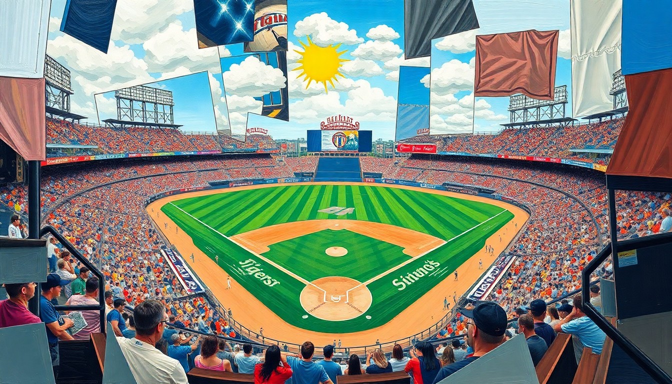 A cubist, geometric painting depicting a baseball game in motion, with overlapping planes of color and shape representing the action on the field.