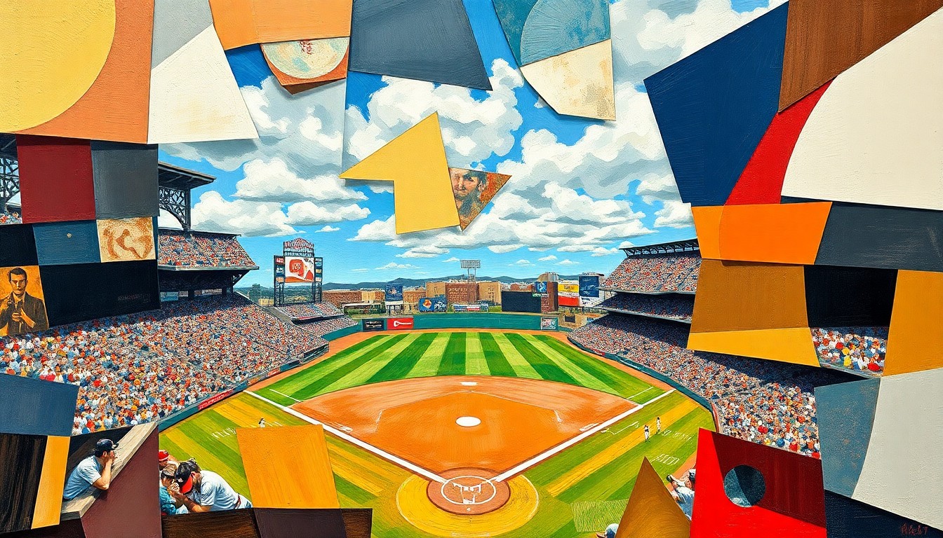 A cubist, geometric painting depicting a fragmented baseball game, with overlapping shapes and planes representing the action on the field.