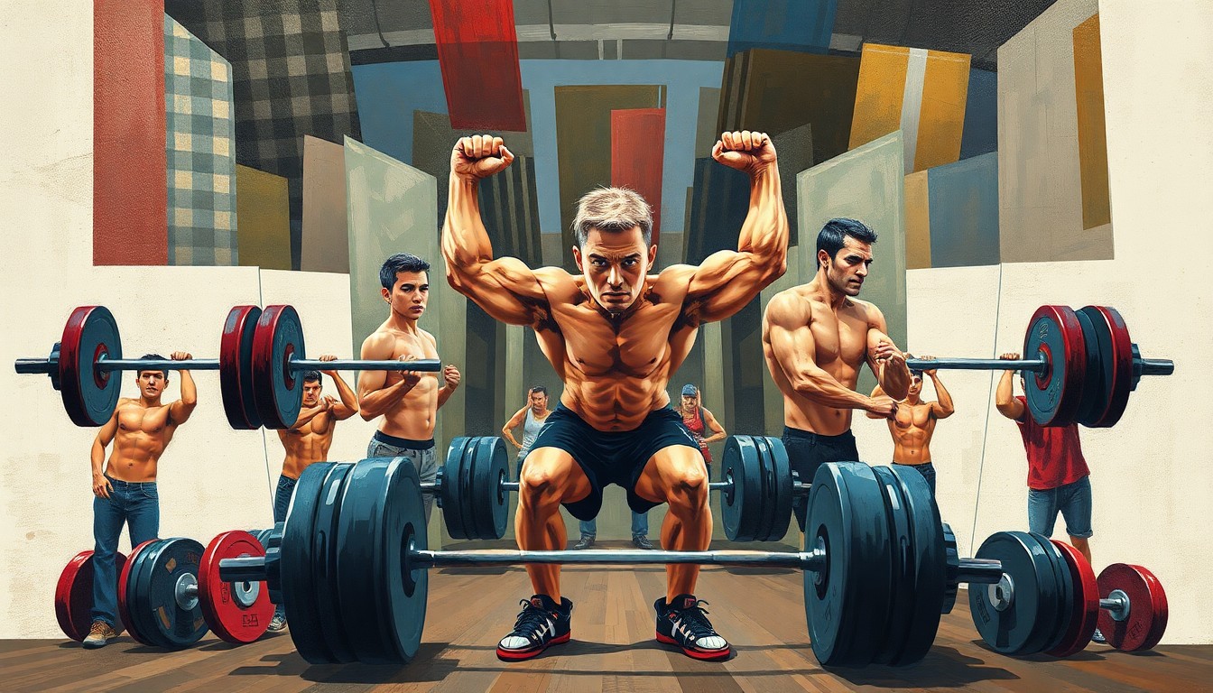A cubist, geometric painting depicting the dynamic movements and competitive energy of a high school power lifting competition, with overlapping planes of muscular bodies, barbells, and weight plates.