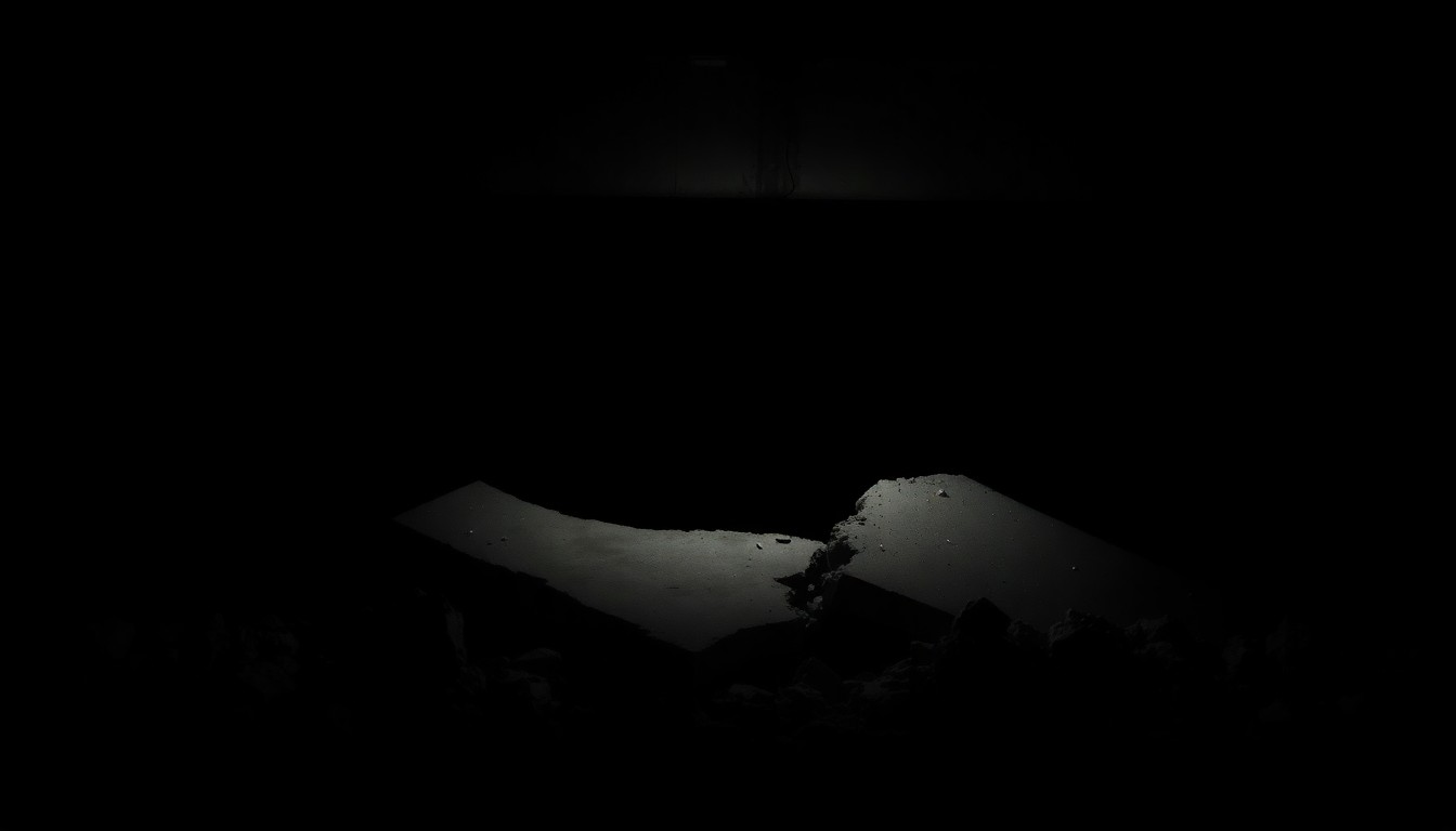 An extreme close-up photograph of a collapsed concrete slab from the parking garage, capturing the rough texture and dramatic shadows created by the harsh flash lighting, conceptually illustrating the instability and devastation of the incident.
