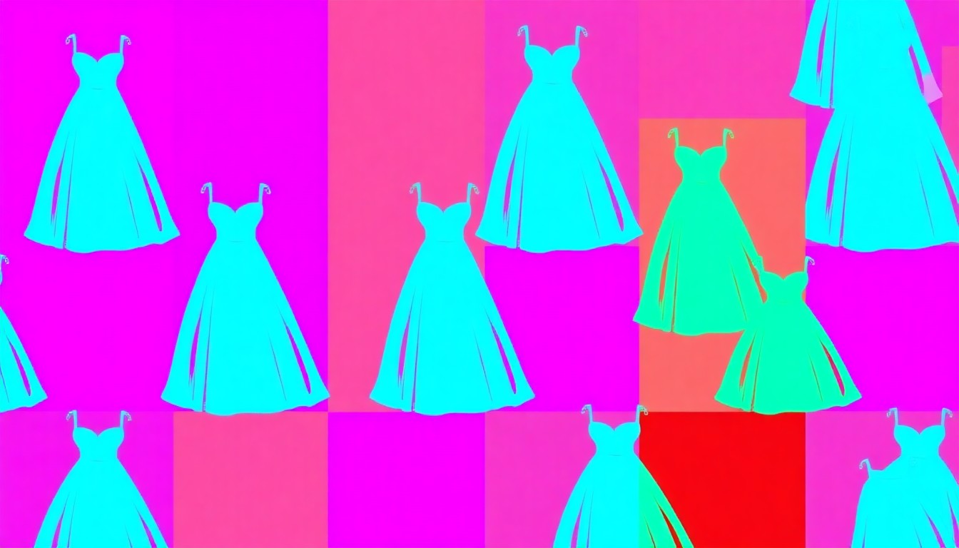 A brightly colored, high-contrast silkscreen print of a single, iconic wedding dress object repeated in a tight grid pattern, utilizing flat, vibrant, and unnatural neon color palettes overlapping with heavy black photographic outlines to turn an everyday lifestyle item into modern pop art.