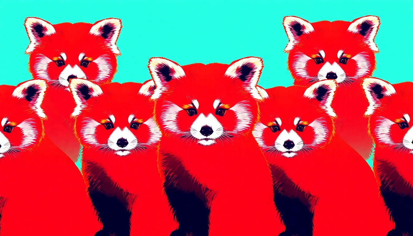 A bold, colorful silkscreen-style illustration featuring a repeating grid of stylized red panda figures in bright neon hues, conceptually representing the zoo's new exhibit and celebratory anniversary.