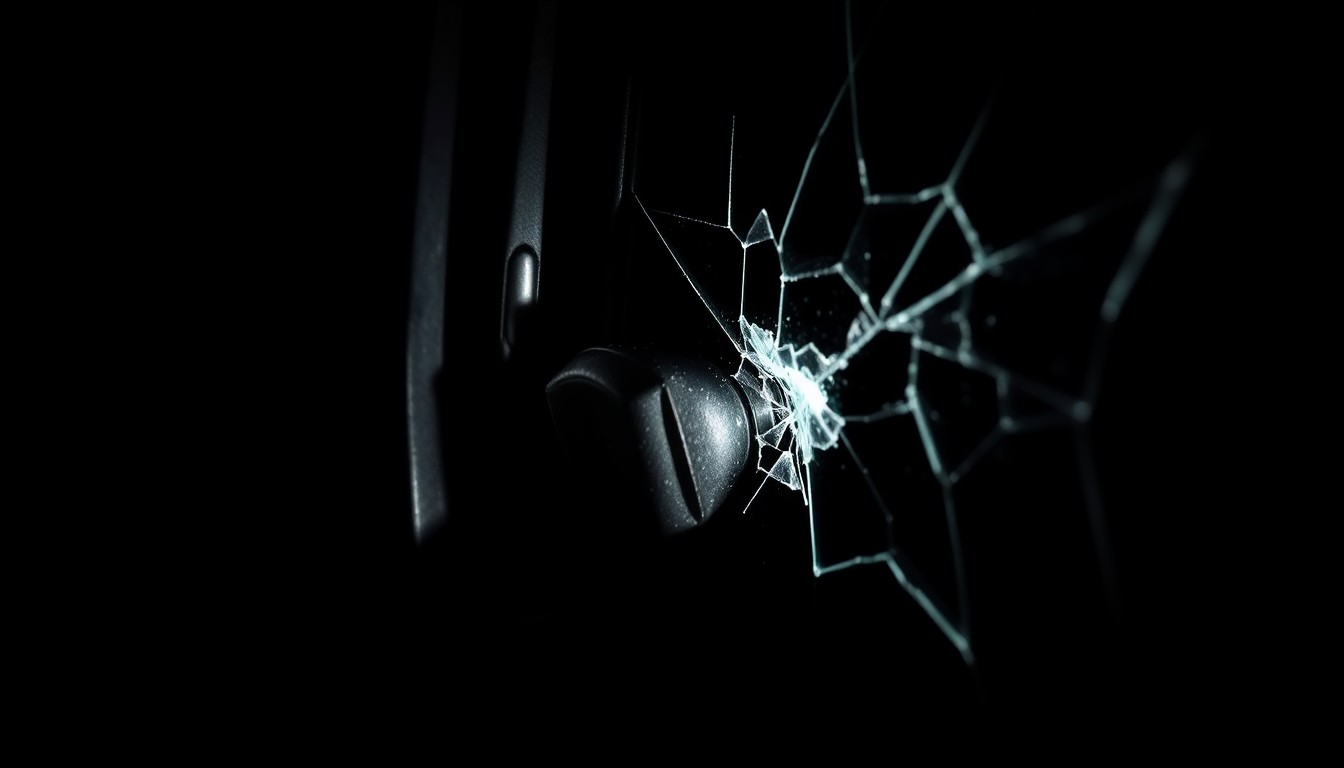 An extreme close-up photograph of a damaged car lock or broken window glass, lit by a harsh, direct camera flash against a pitch-black background, creating a stark, gritty, investigative aesthetic.
