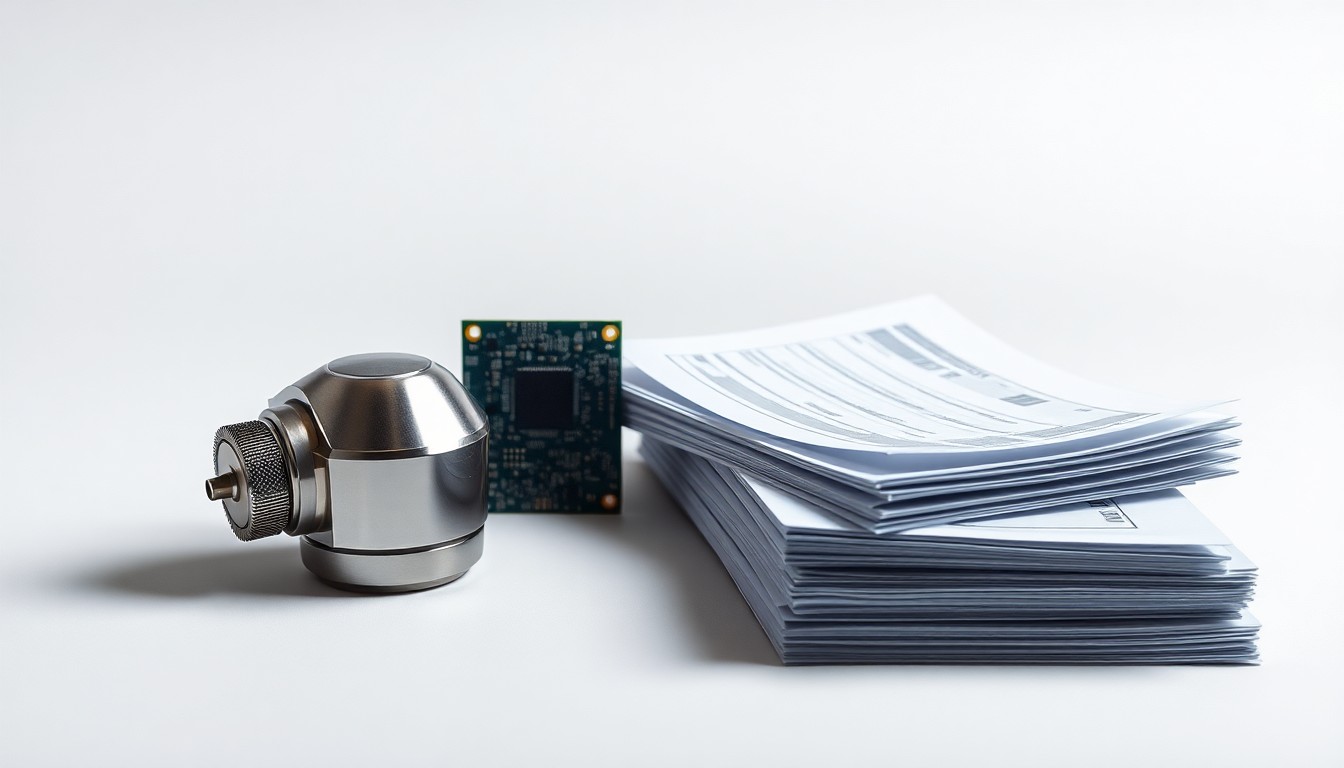 A photorealistic studio still life featuring a polished metal sensor component, a circuit board, and a stack of financial documents, symbolizing the abstract concepts of industrial technology and corporate finance.