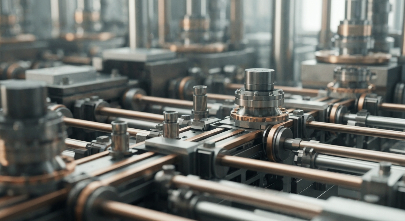 An extreme close-up of various metal components and machinery used in semiconductor manufacturing, conveying the industrial and technical nature of Arteris' business without any text or identifiable elements.