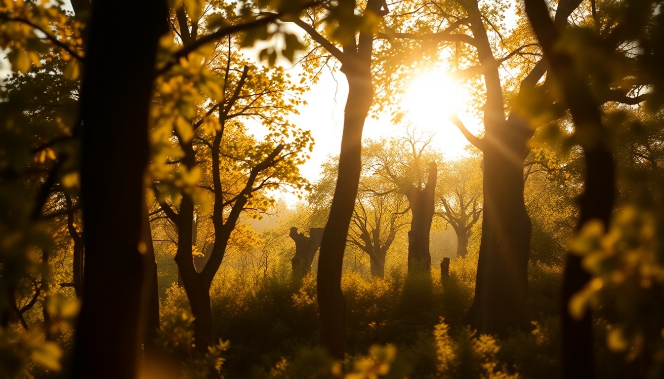 An abstract, out-of-focus scene of sunlight filtering through trees, with the faint outlines of petrified tree trunks visible in the distance, conveying a sense of the natural beauty and geological history of the Dry Creek Petrified Tree area.