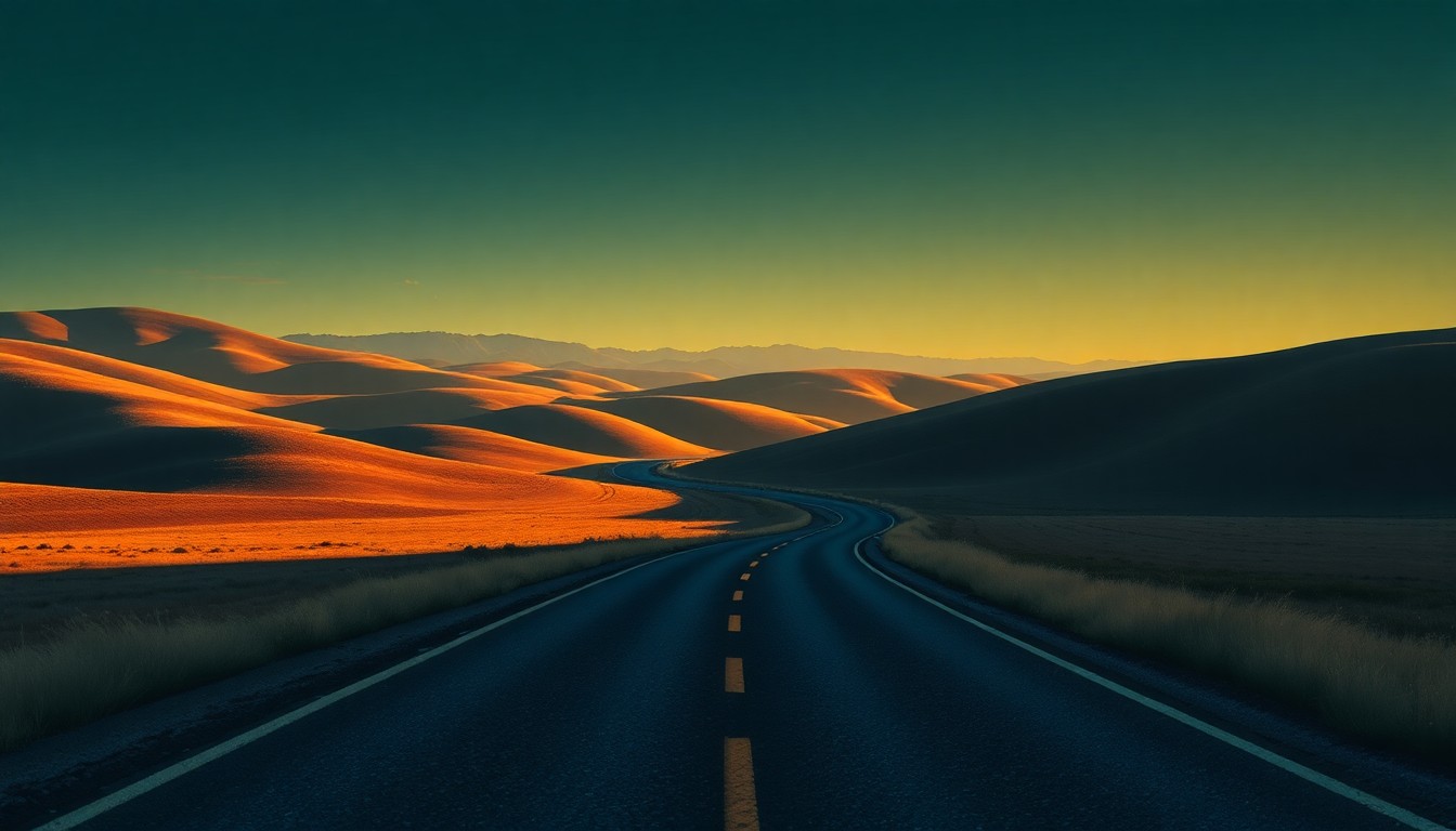 A serene, painterly landscape of a winding country road through rolling hills, with warm sunlight and deep shadows creating a nostalgic, cinematic mood that evokes the challenges facing rural communities.