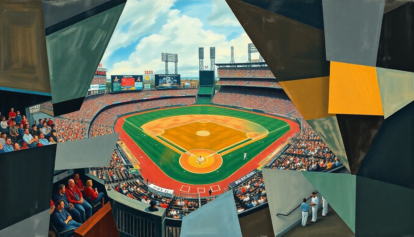 A cubist, geometric illustration depicting the motion and energy of a baseball game, with overlapping planes of color and shape representing the players and action on the field.