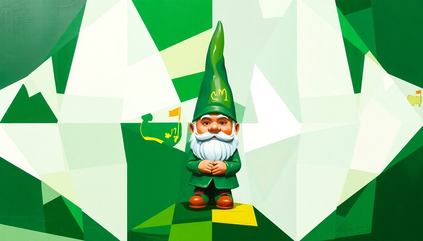 A cubist, geometric painting depicting the Masters Tournament and the iconic gnome collectible in a fragmented, multi-perspective style, using vibrant colors of green, white, and gold to conceptually represent the exclusivity and demand surrounding this unique souvenir.
