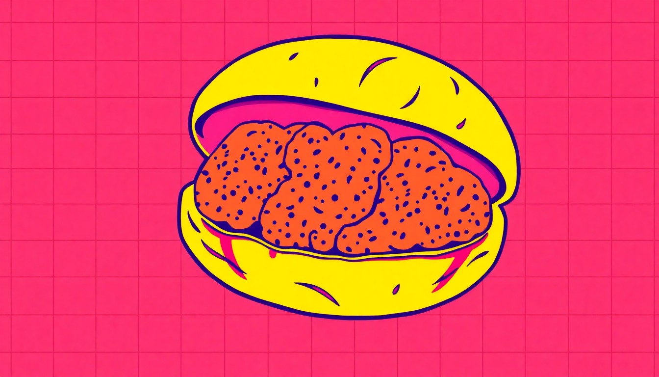A bold, colorful silkscreen-style illustration of a single Korean fried chicken bao bun, repeated in a grid pattern and rendered in a vibrant, high-contrast pop art style.