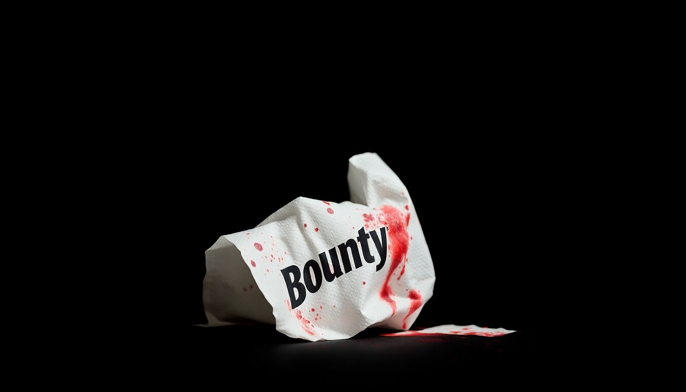 An extreme close-up photograph of a crumpled, partially blood-stained paper towel, capturing the stark, gritty, and investigative nature of this crime story.