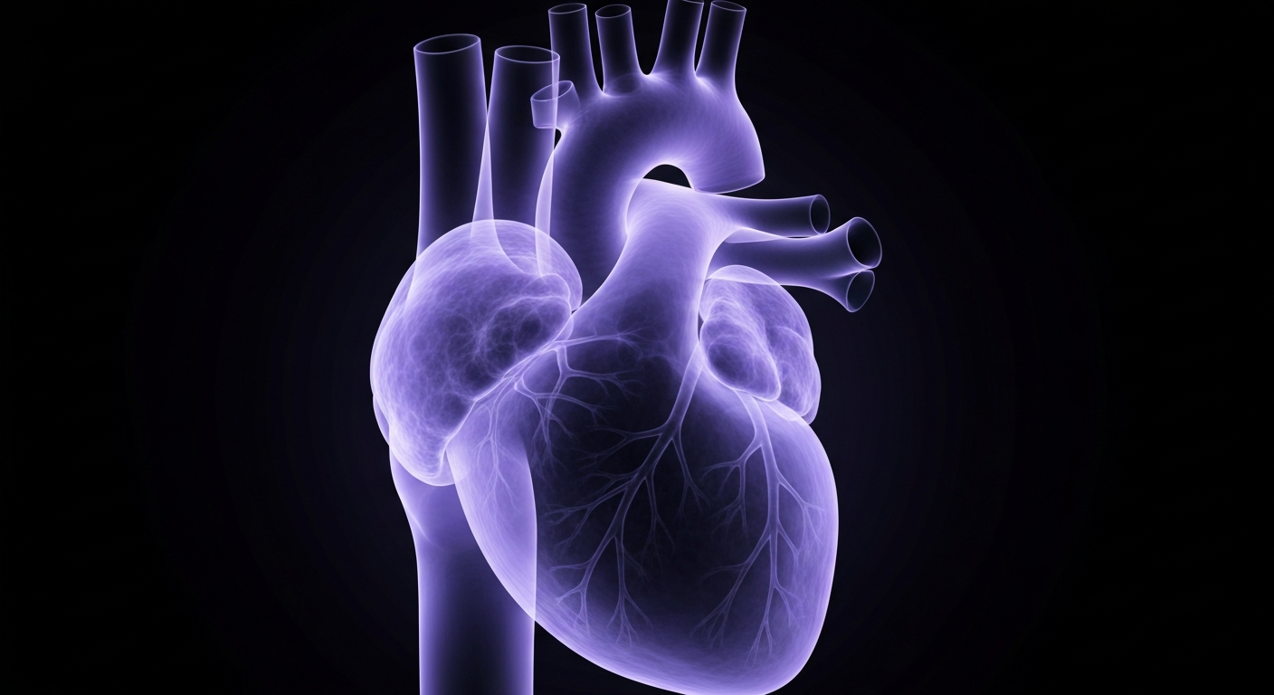 A translucent X-ray image of an enlarged human heart, with the internal structures visible as glowing lines and shapes, representing the effects of hypertrophic cardiomyopathy on the organ.