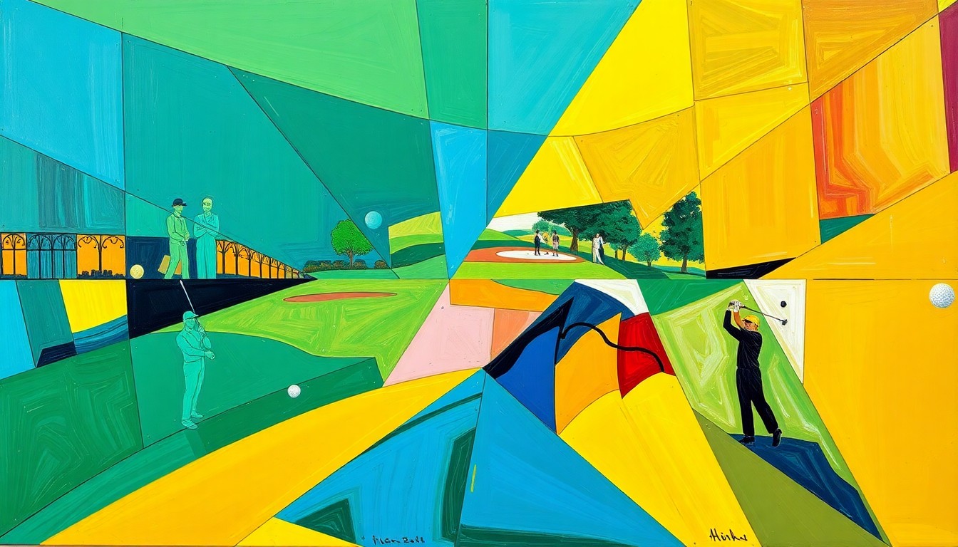 A fractured, multi-perspective painting in bold, geometric shapes and colors, conceptually representing the complex issues surrounding professional golfers moving between the PGA Tour and LIV Golf.