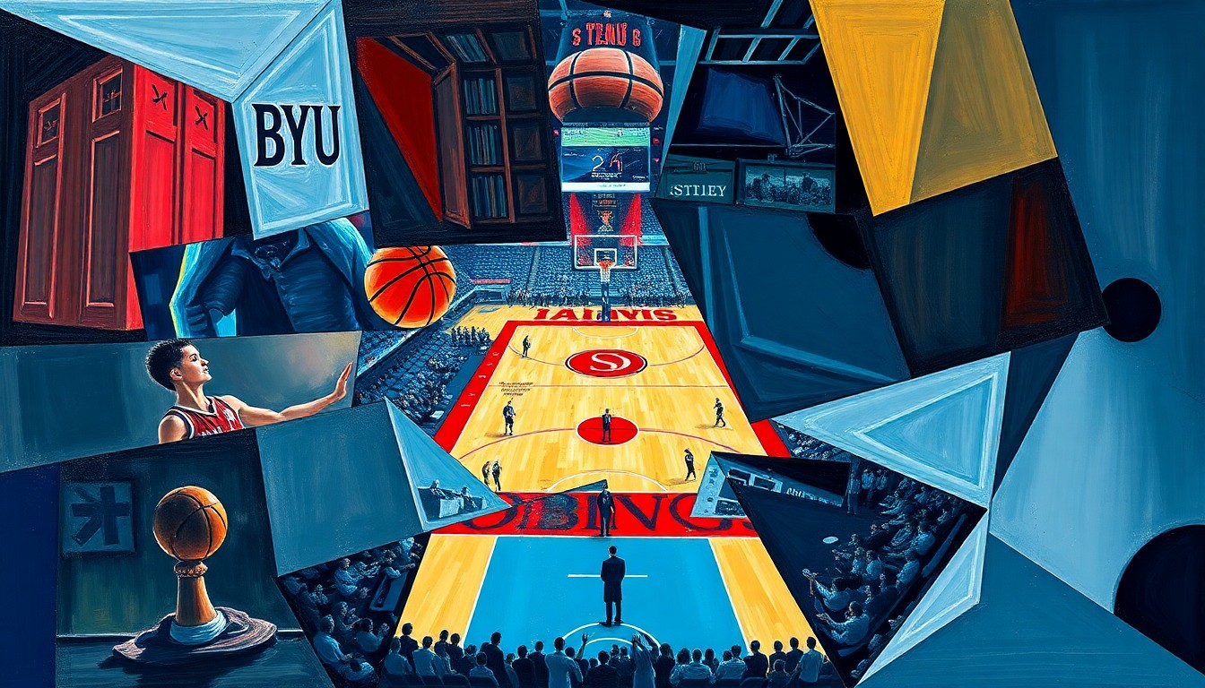 A fragmented, cubist-style painting depicting a college basketball game in motion, with players and the court rendered in sharp, overlapping geometric shapes and planes of color.
