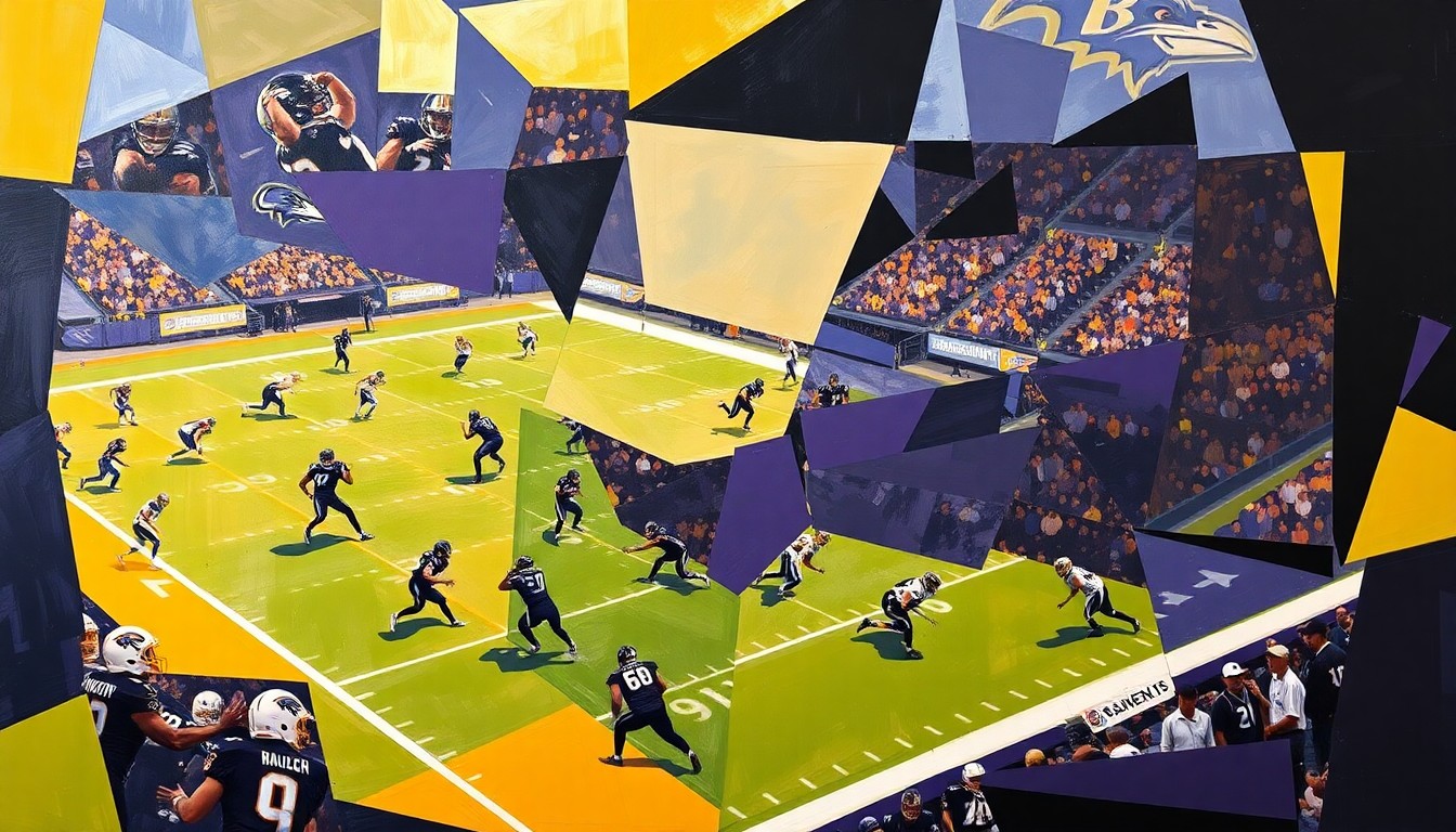 A cubist-style painting featuring sharp, overlapping geometric shapes in the Ravens' team colors of purple, black, and gold, conceptually representing the dynamic movements and potential of the team's young players on the field.