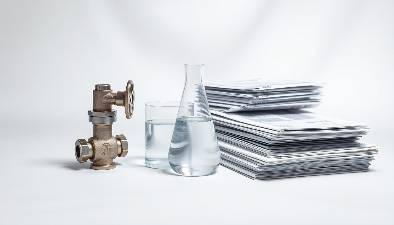 A high-end, photorealistic studio still-life photograph featuring a polished metal gas valve, a glass beaker filled with a clear liquid, and a stack of financial reports, all arranged elegantly on a clean, white background and using dramatic lighting to represent the abstract concepts of energy, finance, and corporate strategy.