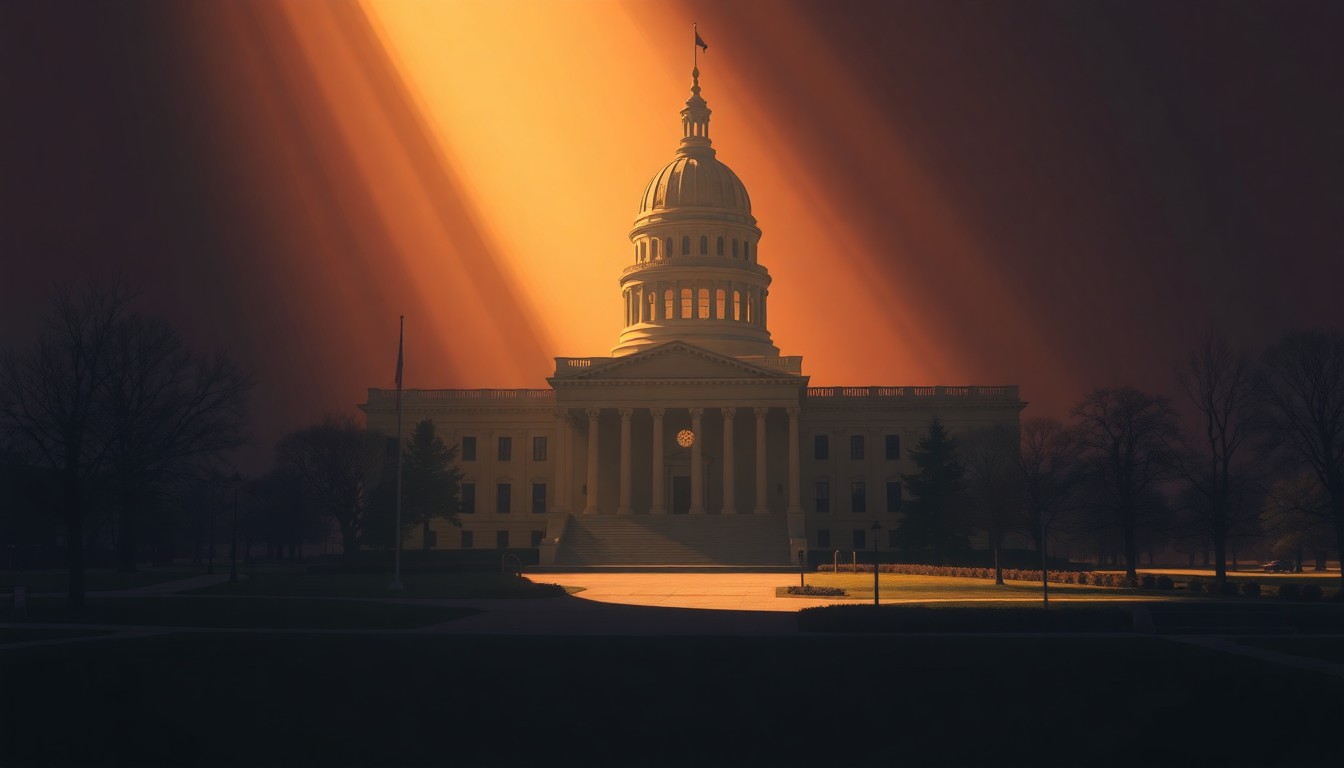 A serene, cinematic painting depicting an Iowa government building or structure in warm, golden light and deep shadows, conveying a sense of quiet contemplation around the state's property tax reform efforts.
