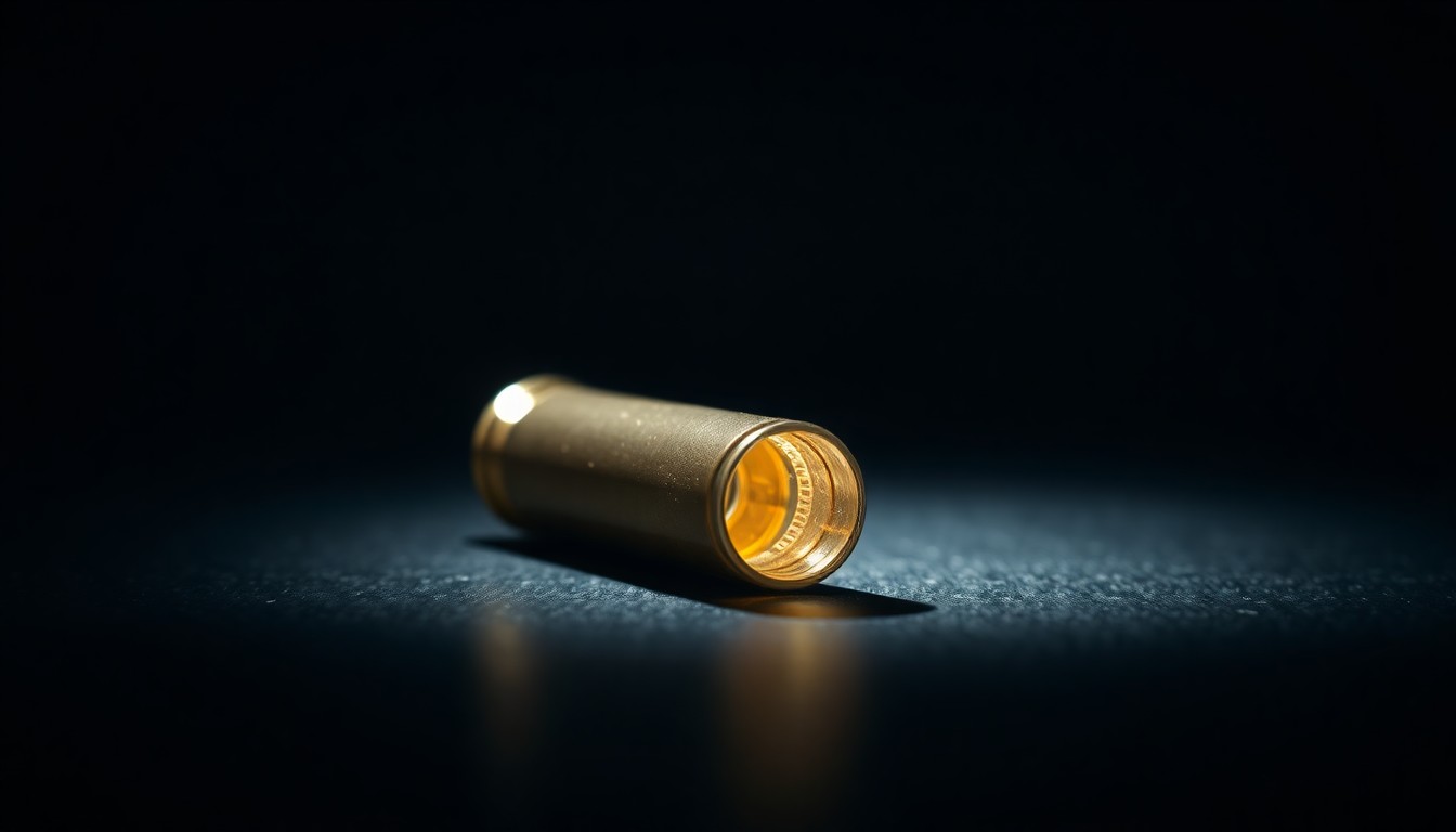 An extreme close-up photograph of a metallic bullet casing against a pitch-black background, creating a stark, gritty, investigative aesthetic through the use of harsh, direct flash lighting.