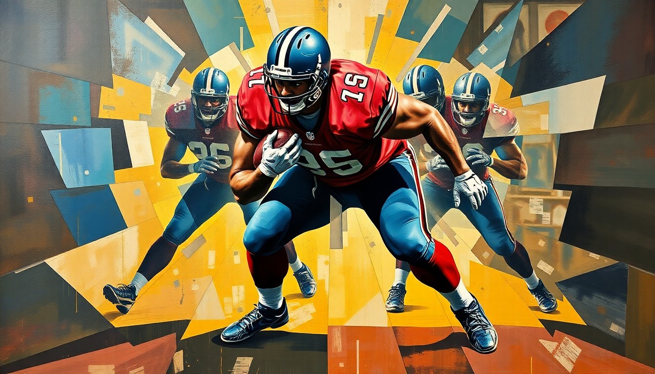 A fragmented, geometric painting depicting the explosive movements and physicality of a football defensive lineman in action.