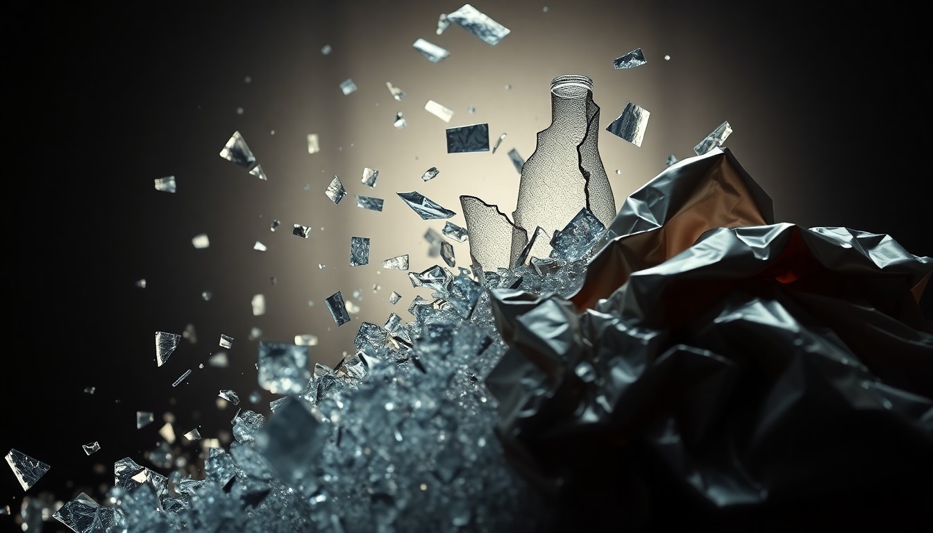 An abstract close-up image of shattered glass and crumpled metallic fabric, captured in dramatic high-contrast studio lighting to conceptually represent the fractured dynamics and material tensions of a troubled marriage.