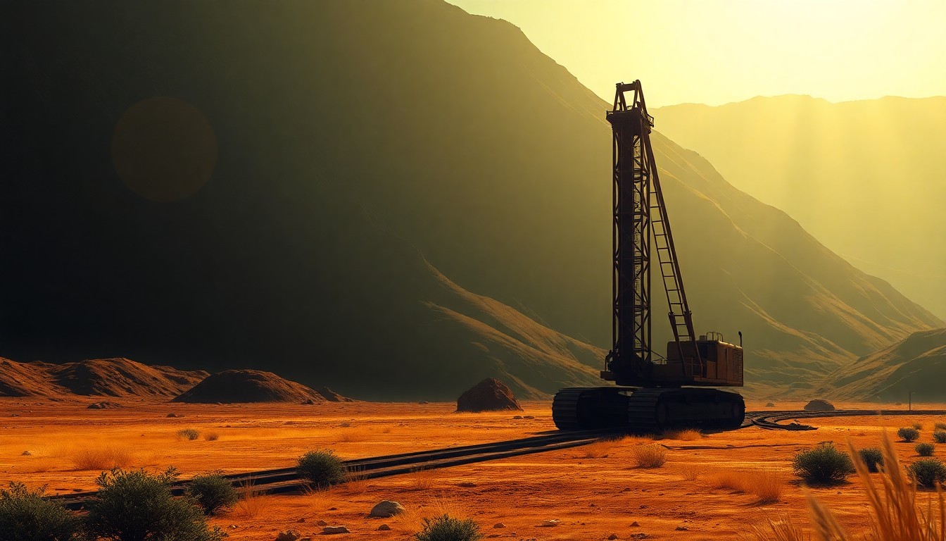 A serene, photorealistic painting of a lone mining excavator in a remote Venezuelan landscape, with warm sunlight casting deep shadows across the scene, capturing the quiet determination to develop the country's natural resources.