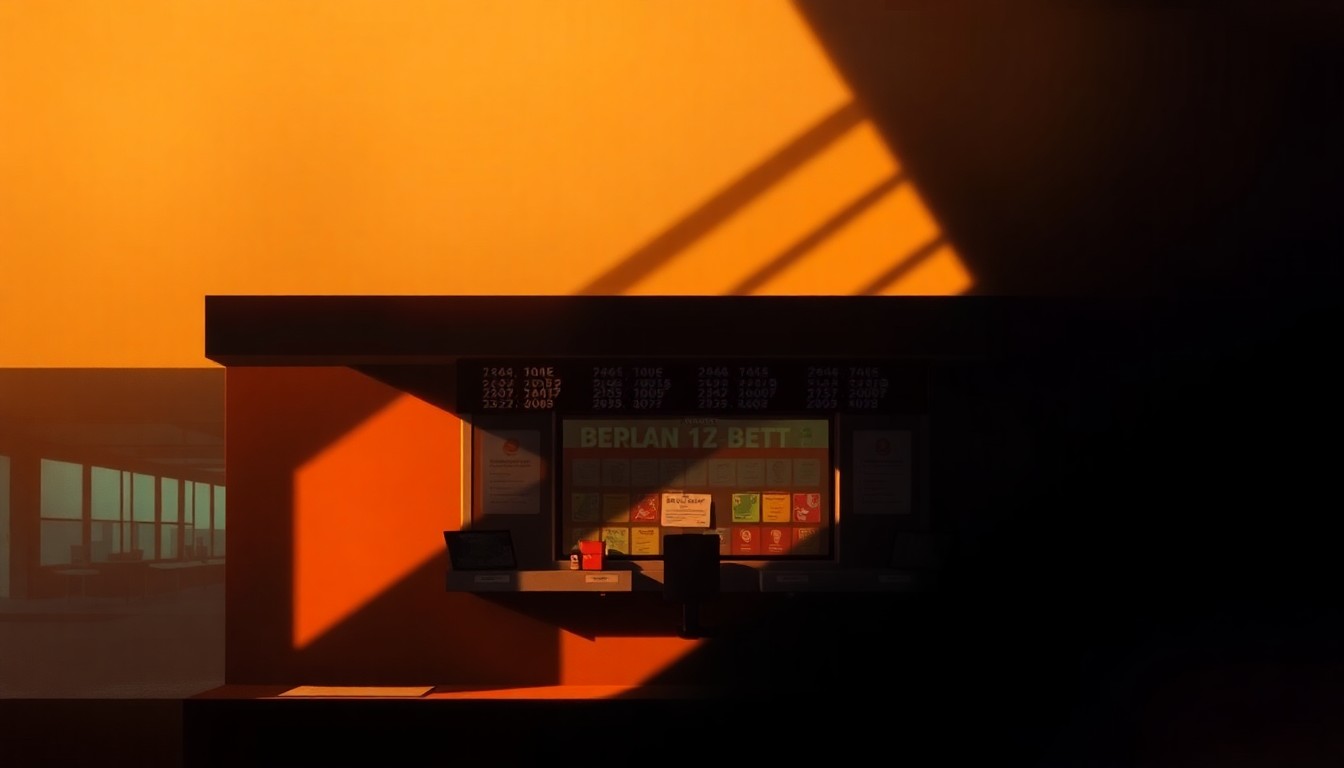 A cinematic painting of a solitary sports betting terminal in a dimly lit urban setting, with warm sunlight casting dramatic shadows across the scene, conceptually representing the complex negotiations ahead as Wisconsin implements its new online sports betting law.