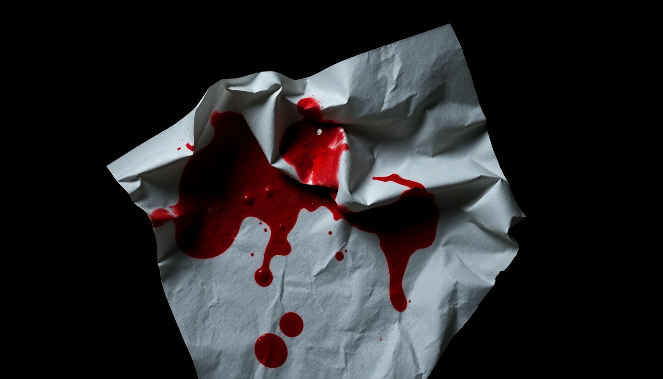 An extreme close-up photograph of a crumpled, bloodstained piece of paper, conveying the somber and investigative nature of a violent crime.