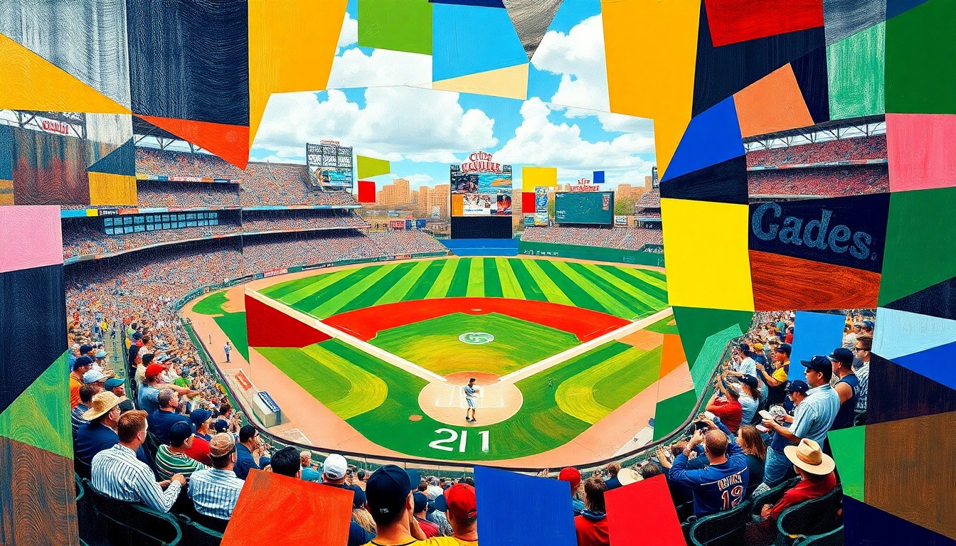 A cubist, geometric painting depicting the dynamic action of a college baseball game, with players and the field broken down into overlapping planes of vibrant colors.