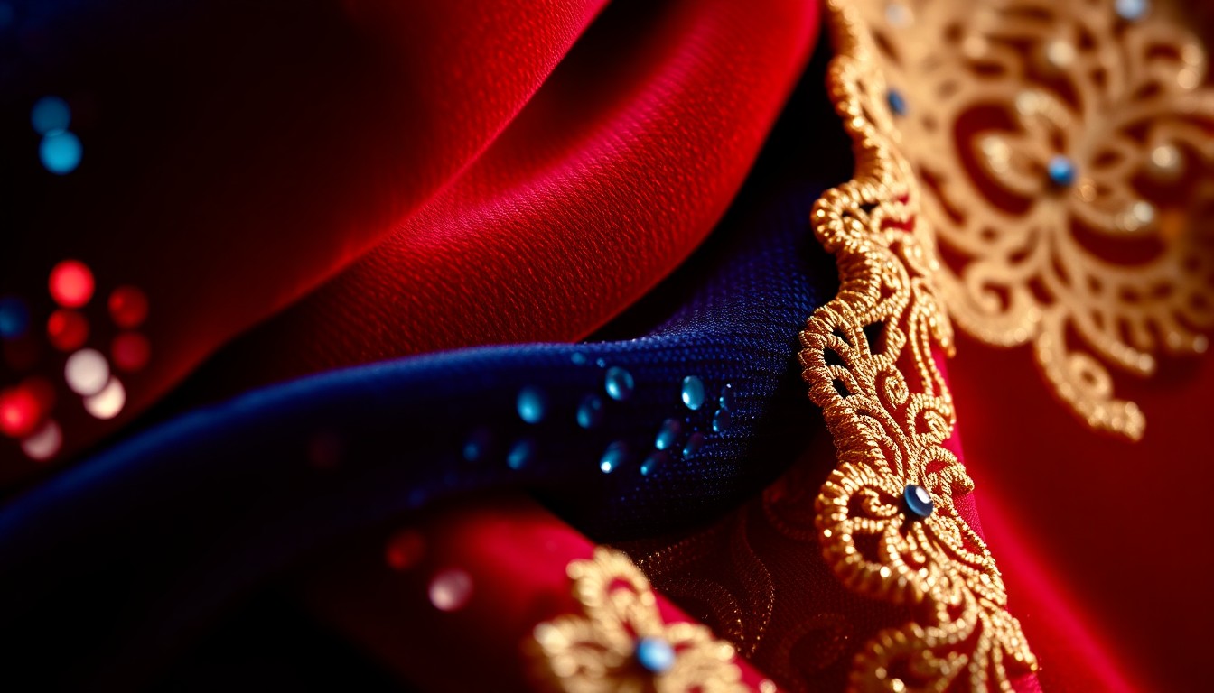 An extreme close-up photograph showcasing the luxurious textures of high-end fabrics like sequins, velvet, and lace, captured in dramatic studio lighting to create a sense of glamour and opulence.