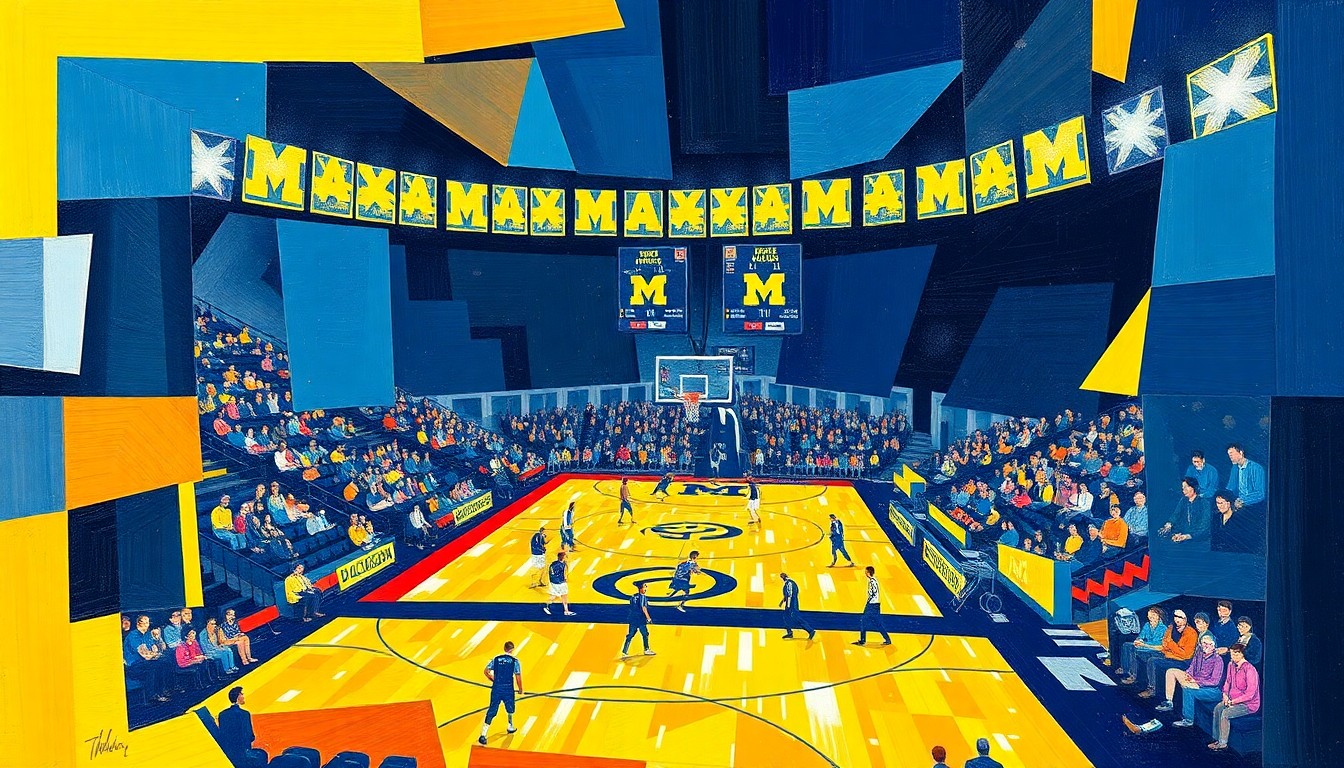 A cubist, geometric illustration depicting the fragmented action of a college basketball game, with sharp planes of maize and blue representing the Michigan Wolverines.