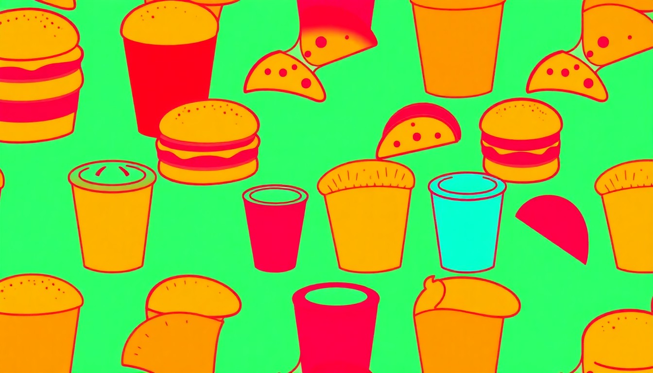 A brightly colored, high-contrast silkscreen print of a single, iconic fast food item repeated in a tight grid pattern, capturing the complex and sometimes unexpected fast food habits of New Jersey residents.