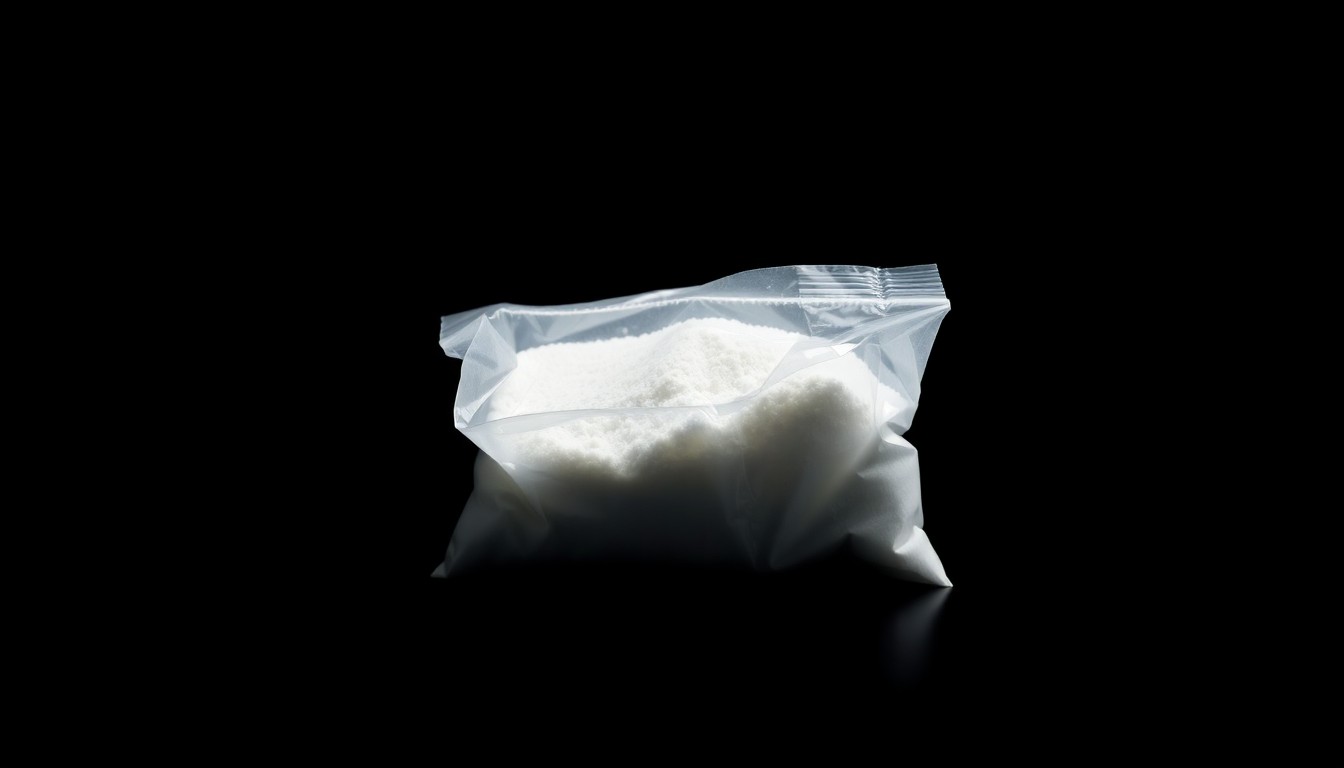 An extreme close-up photograph of a small plastic bag containing white powder, lit by a harsh, direct camera flash against a pitch-black background, creating a stark, gritty, investigative aesthetic.