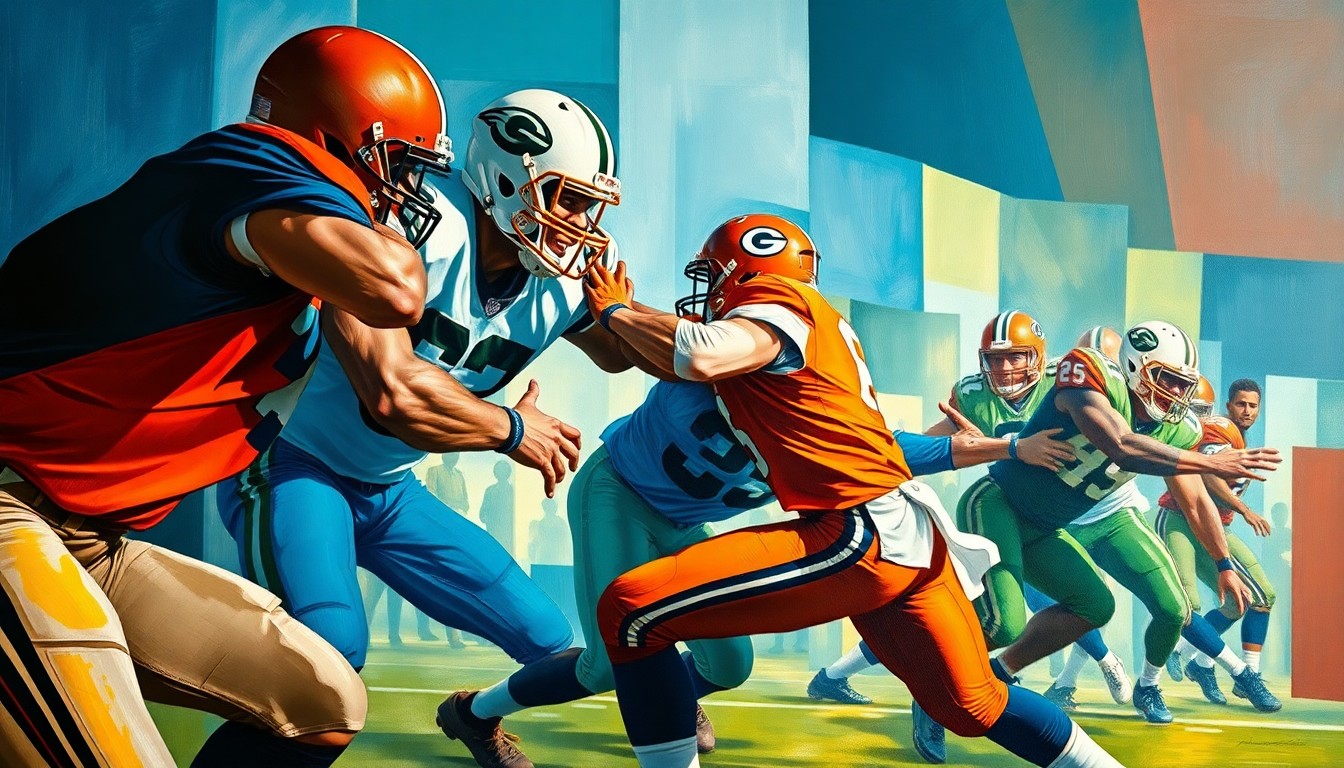 A cubist-style painting depicting the intense physical battle between an offensive lineman and an edge rusher, with their bodies and movements broken down into sharp, overlapping geometric shapes in a vibrant color palette.