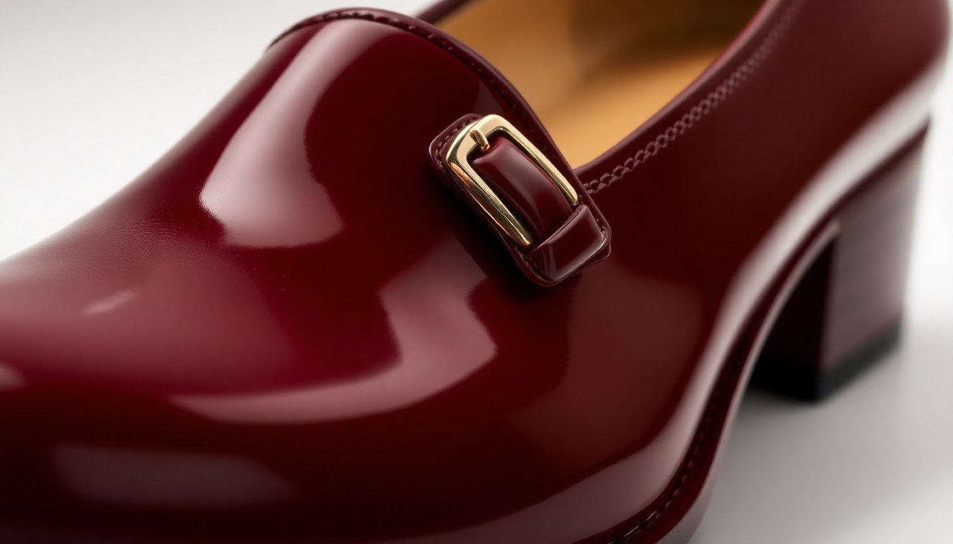 An extreme close-up photograph of a glossy, burgundy patent-leather shoe with a rounded toe and a small strap, the material and lighting creating a glamorous, high-fashion aesthetic.
