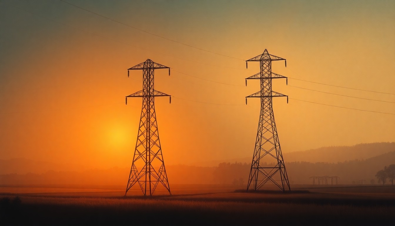 A serene oil painting depicting a lone high-voltage electrical tower standing tall in a rural landscape, the structure bathed in warm, dramatic lighting that casts long shadows across the scene, conveying a sense of quiet contemplation about the project's potential effects on the local environment.