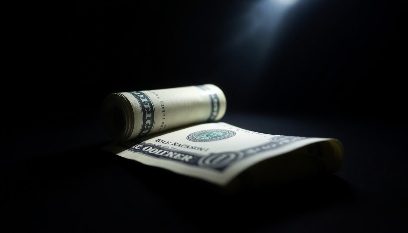 An extreme close-up photograph of a rolled-up dollar bill on a dark surface, lit by a harsh, direct camera flash, conceptually representing the drug use allegations in the story.