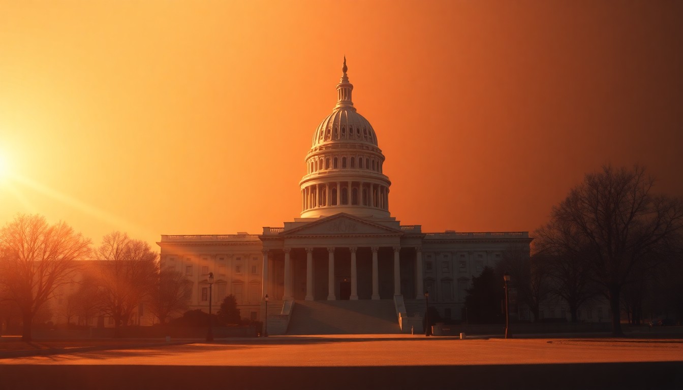 A cinematic painting of a state capitol building in warm, golden light, with deep shadows casting a somber mood over the scene, conveying the weight and gravity of political power.