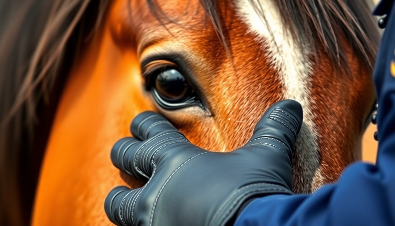 An extreme close-up photograph of a police officer's gloved hand gently stroking the mane of a horse, the animal's eye reflected in the shiny black leather, conceptually representing the connection between law enforcement and the community through the addition of this new mounted unit member.