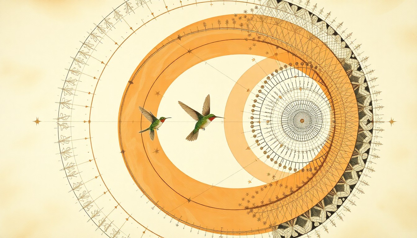 A bold, highly structured abstract painting in muted greens, browns, and blues, depicting sweeping geometric arcs, concentric circular motions, and precise botanical spirals, conceptually representing the complex migratory patterns and energy requirements of hummingbirds as they travel thousands of miles each year.