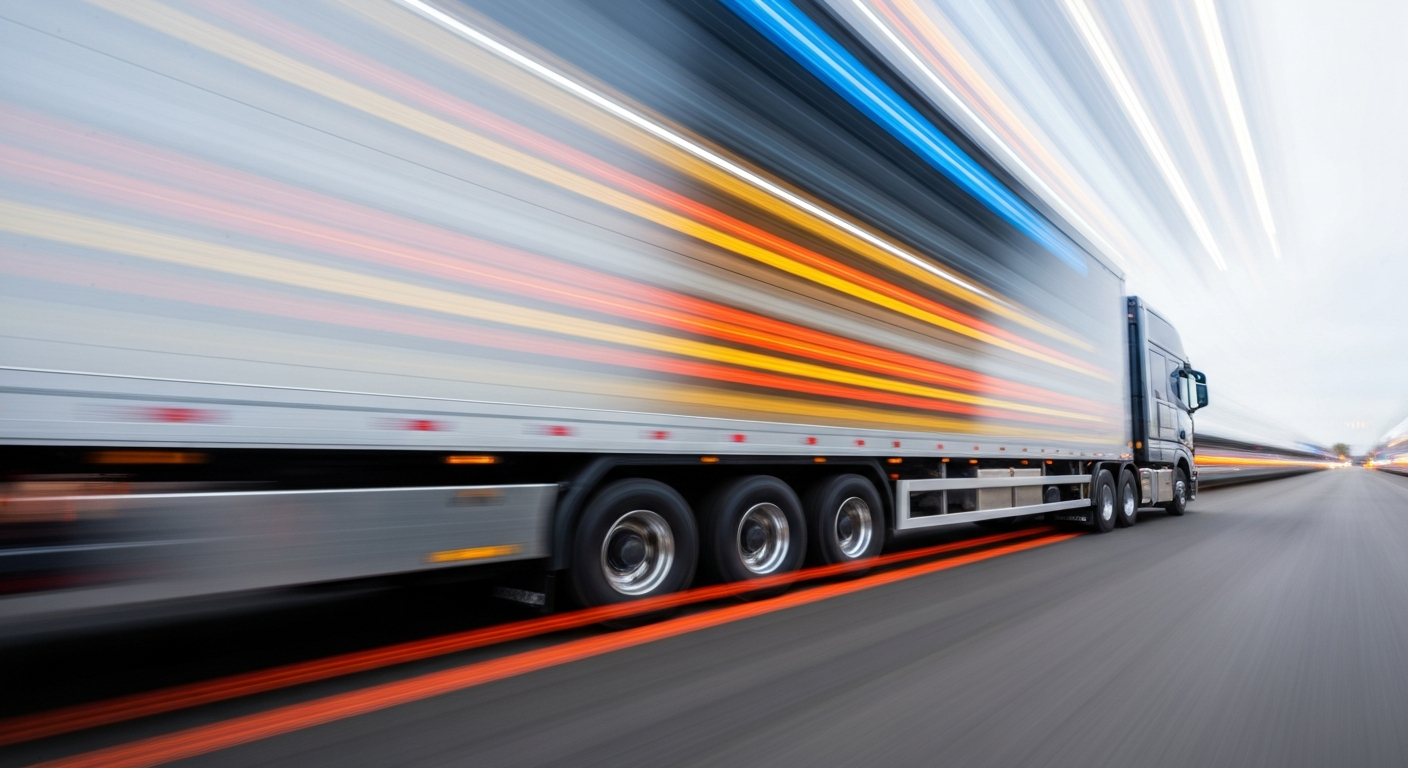 A dynamic, abstract image of a heavy-duty electric truck in motion, with vibrant streaks of color and a sense of speed and energy, conceptually representing the innovative technology and sustainable future of commercial vehicles.