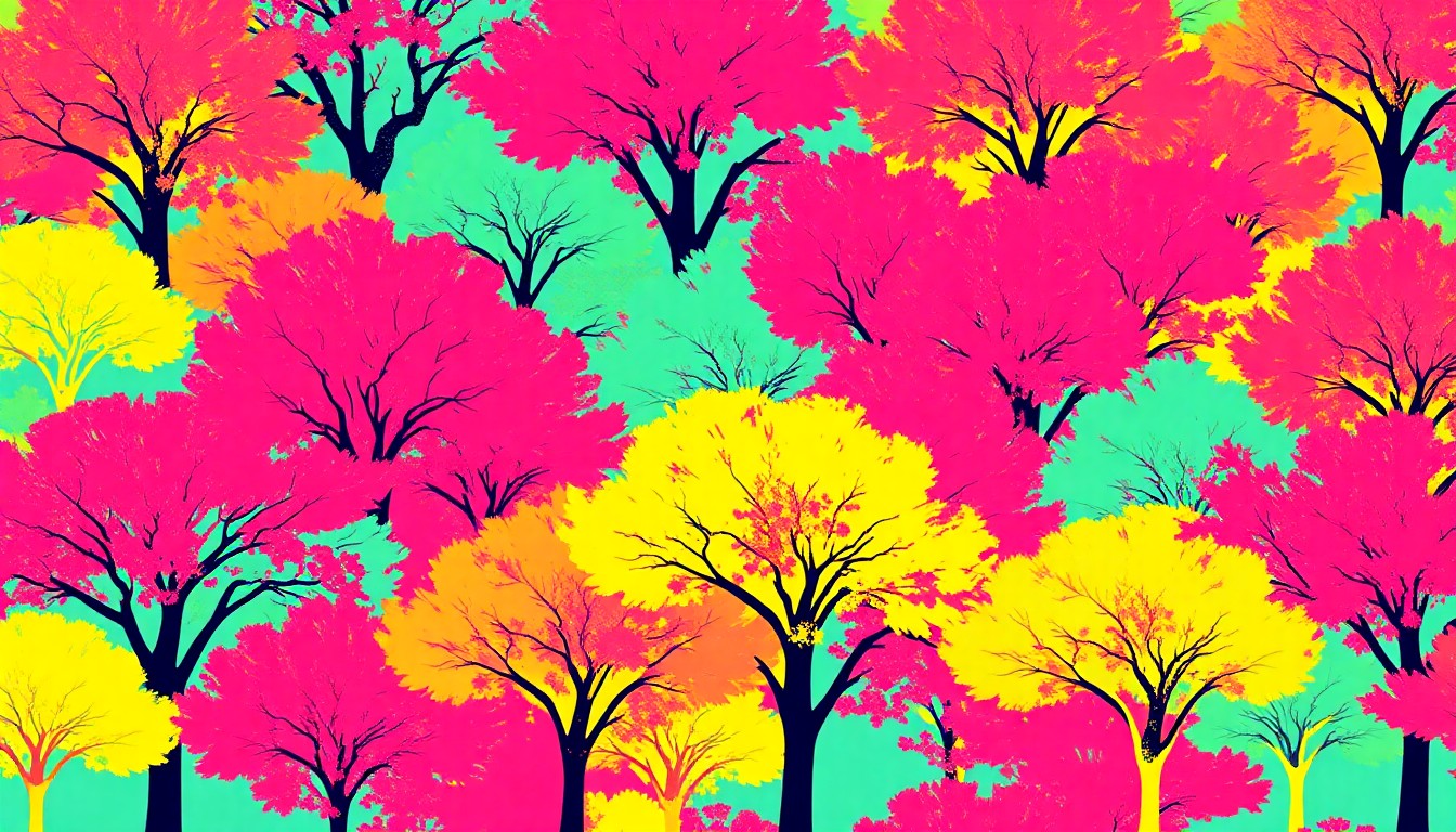 A bold, colorful silkscreen-style illustration featuring a repeated pattern of a single iconic tree species in shades of neon green, pink, and blue, conceptually representing Arlington's citywide tree planting project.