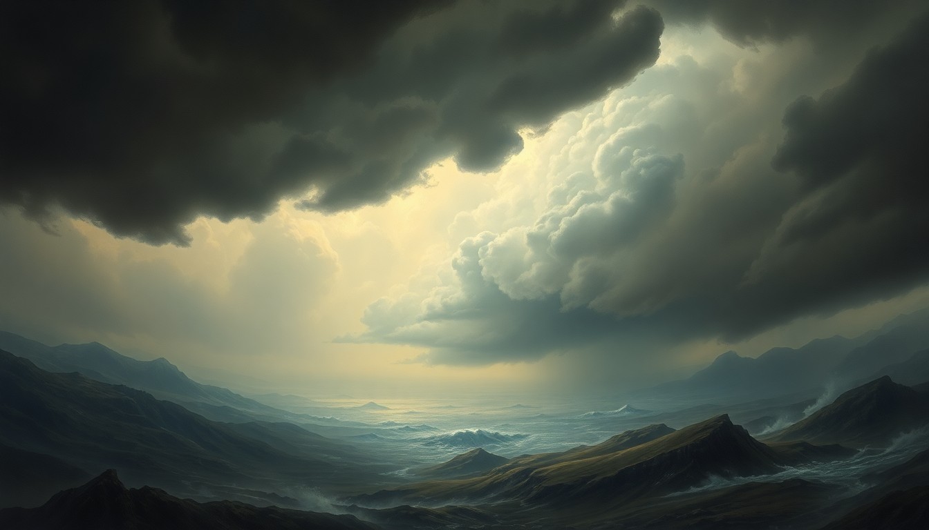 A sweeping, atmospheric landscape painting depicting an approaching hurricane, with dark clouds and heavy rain dominating the scene and dwarfing any visible structures or landmarks.