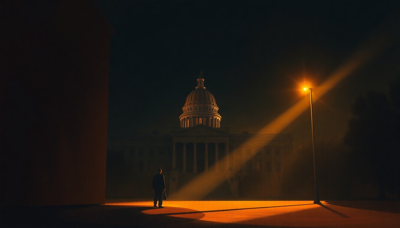 A dimly lit, cinematic painting of a lone government building or political figure cast in warm, diagonal sunlight, conveying a sense of quiet contemplation and unease over the ongoing conflict.