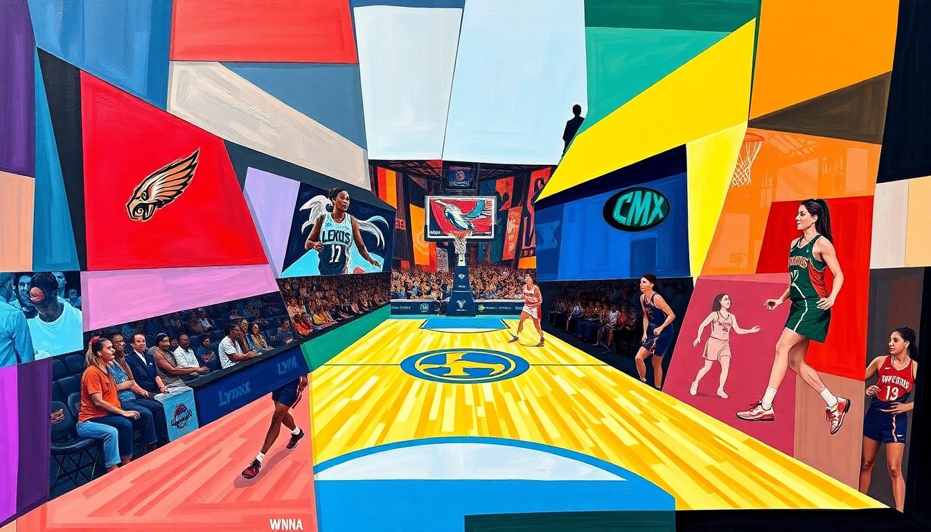 A fractured, cubist-style painting depicting the dynamic movements and energy of a WNBA basketball game, with sharp geometric shapes and vibrant team colors.