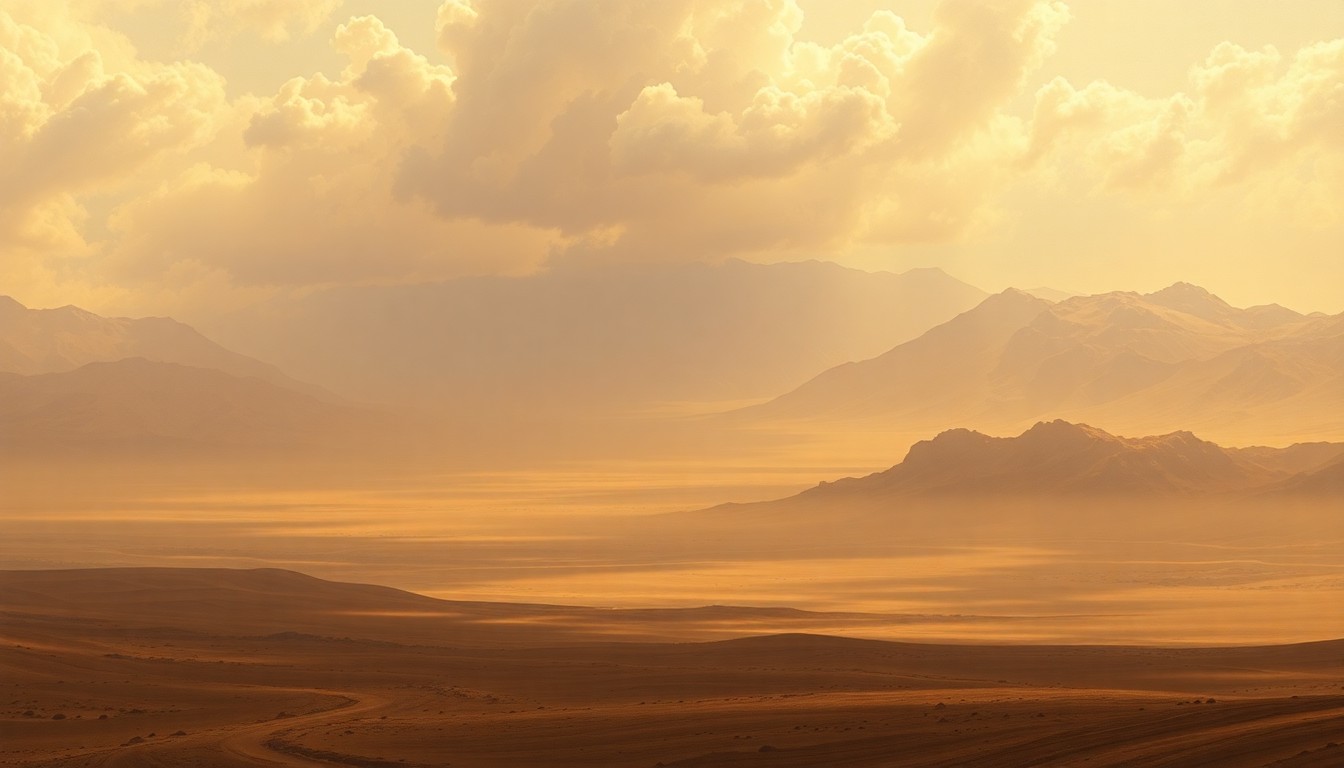 A vast, majestic desert landscape painting with hazy, golden light and distant mountain ranges, conveying the sublime scale of the natural environment.