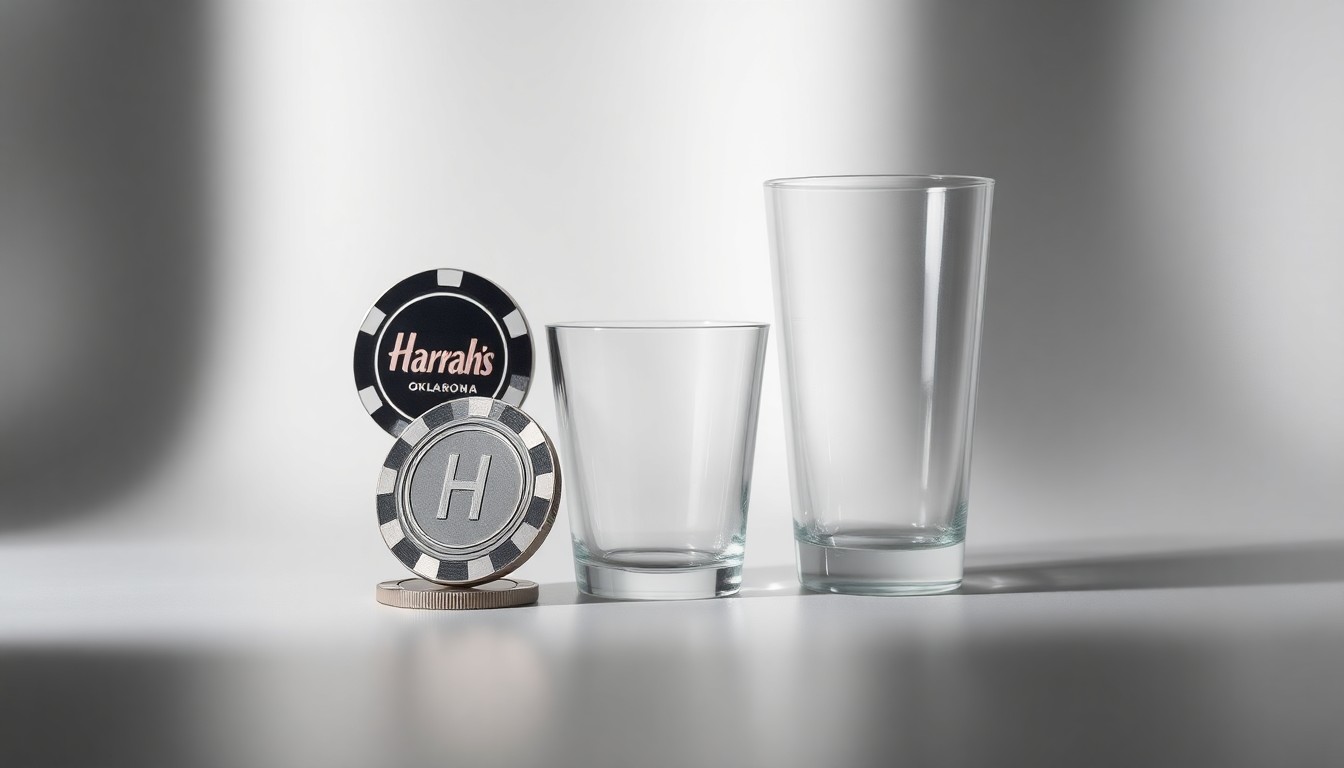 A high-end studio still life photograph featuring a collection of polished, premium objects like a poker chip, casino token, and glass tumbler, arranged elegantly on a clean, monochromatic background to symbolize the sophisticated hospitality experience of the new Harrah's Oklahoma resort.