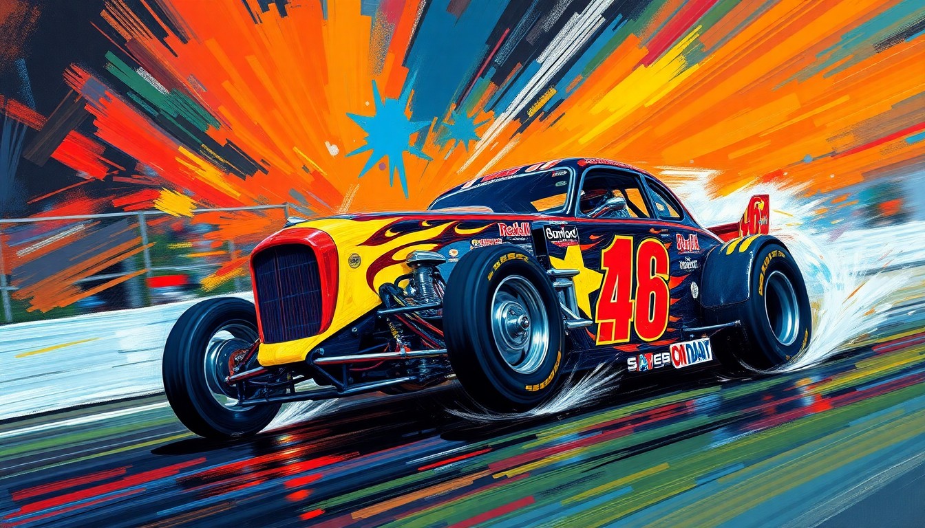 An abstract, energetic painting featuring a Supermodified race car in motion, with bold brushstrokes and neon colors capturing the raw power and speed of the sport.