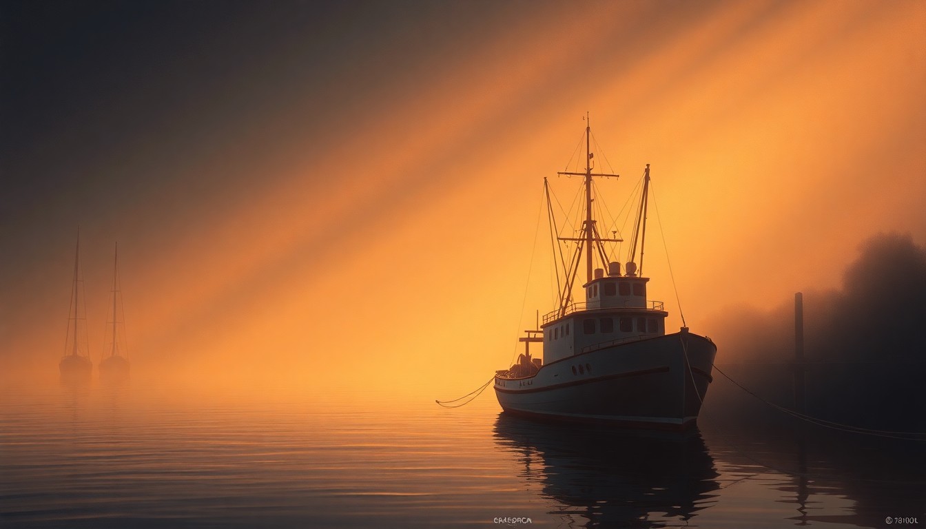 A serene, photorealistic painting of a fishing trawler boat docked in a harbor, with warm sunlight casting long shadows across the scene, conveying a sense of nostalgia and the importance of the fishing industry to Alaska's coastal communities.